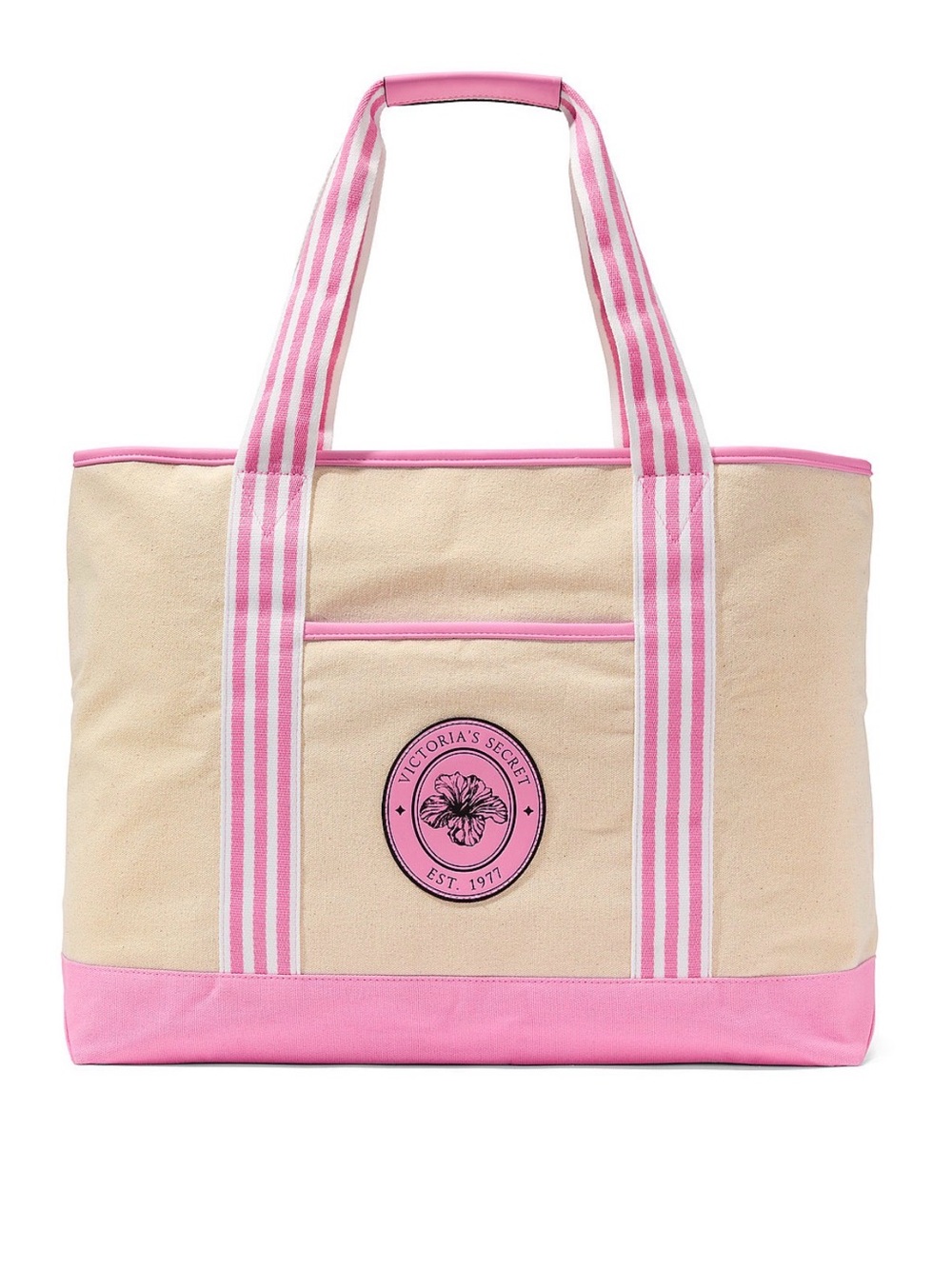 Victoria's Secret Cream and Pink Canvas Tote with Striped Handles